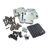 Britpart Front Door Hinge Kit with Stainless Steel Fixings - DA1070SS for Defender, image showing metal hinges, black hinge covers, screws, and rubber washers for vehicle door repair.