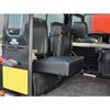 Britpart Rear Inward Facing Single Seat Black Vinyl for Defender (1986-2016), installed in the rear of a Land Rover Defender, featuring black vinyl upholstery and a sturdy metal frame.