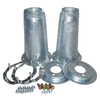 Britpart Front Shock Mount Turret Set Galvanised DA1186, Superior Durability for Defender & Discovery 1, image showing galvanized metal shock mount turrets, mounting plates, nuts, bolts, and fasteners.