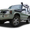 Safari Raised Air Intake Snorkel Kit for Discovery 2 TD5 and V8, left hand side fitment, installed on green Land Rover Discovery 2 vehicle with snorkel extending from the front side of the vehicle.