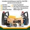 Complete Defender Td5 service kit contents with MAHLE filters Comma oil and sump washer