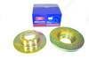 Britpart Front Solid Brake Discs Drilled and Grooved Performance Upgrade for Discovery 1, showcasing two gold-coloured brake discs with drilled and grooved surfaces and a blue Britpart box in the background. Britpart Front Solid Brake Discs Drilled and Grooved Performance Upgrade for Discovery 1, showcasing two gold-coloured brake discs with drilled and grooved surfaces and a blue Britpart box in the background.