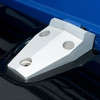 Britpart Billet Aluminium Bonnet Hinges Silver for Defender, close-up image showing the shiny, silver, lightweight aluminium bonnet hinge mounted on a dark vehicle surface.