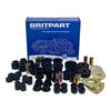 Britpart Polyurethane Suspension Bush Set for Defender 2007-2009, image showing black polyurethane bushings, metal sleeves, and mounting plates displayed with blue Britpart packaging.