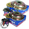 JGS 4X4 Performance Brake Kit - Drilled & Grooved Discs with EBC Pads for Range Rover Sport L320, image showing two brake disc and pad sets in blue boxes with drilled and grooved metal brake discs and black brake pads. JGS 4X4 Performance Brake Kit - Drilled & Grooved Discs with EBC Pads for Range Rover Sport L320, image showing two brake disc and pad sets in blue boxes with drilled and grooved metal brake discs and black brake pads.