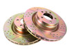 Terrafirma Front Brake Disc for Range Rover L322, OEM - LR031843, two colourful brake discs with drilled holes and metallic finish.