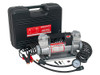 BRITPARTXS Portable 12 V Double-Pump Air Compressor for 4x4 Use, black carrying case with red label and silver double-pump air compressor with hoses and mounting accessories.
