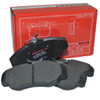 Britpart XS Rear Brake Pads for Discovery 5, black brake pads with metal clips and packaging box in the background. Britpart XS Rear Brake Pads for Discovery 5, black brake pads with metal clips and packaging box in the background.
