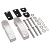 Britpart Stainless Steel Windscreen Bracket Kit DA1142SS for Defender, with mounting brackets, bolts, washers, and clips displayed.