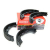 Mintex Rear Hand Brake Shoes for Freelander 2, black brake shoes on top of a red and black Mintex branded box with a car wheel graphic.