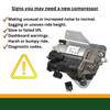 Common symptoms of a failing Discovery 4 or Range Rover Sport air suspension compressor including slow lift, suspension warnings and uneven ride height