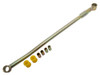 Britpart Heavy Duty Adjustable Panhard Rod - DA1130 for Defender, image of a metal adjustable panhard rod with yellow bushings and black sleeves for vehicle suspension.
