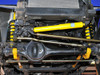 Britpart Heavy Duty Adjustable Panhard Rod - DA1130 for Defender, vehicle chassis suspension system with yellow shock absorber and golden steering link rod.