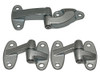 Britpart Rear End Door Hinge Kit With Stainless Steel Fittings for Defender, showing three metallic door hinges with mounting holes. Britpart Rear End Door Hinge Kit With Stainless Steel Fittings for Defender, showing three metallic door hinges with mounting holes.