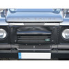 Britpart Radiator Muff Black for Defender (1986-2016), black radiator cover/muff installed on front of Land Rover Defender vehicle.