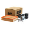 Product OEM Parts Premium Engine Service Filter Kit | OEM - DA6004P for Defender Td5, image of a box containing an air filter, oil filter, fuel filter, and associated seals and components.