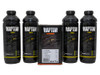 U-POL UPOL RAPTOR Ultra Tough Truck Bed Liner Coating BLACK With Spray Gun - RLB/S4, image showing four bottles of Raptor black liner coating along with a black hardener container for durable truck bed protection.