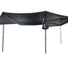 Terrafirma 270 degree awning open showing aluminium arms, integrated LED lights and support legs