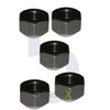Direct Replacement Steel Wheel Nuts x5 for Defender & Discovery 1, image of five black steel wheel nuts with a hexagonal shape and internal threading for vehicle wheel attachment. Direct Replacement Steel Wheel Nuts x5 for Defender & Discovery 1, image of five black steel wheel nuts with a hexagonal shape and internal threading for vehicle wheel attachment.