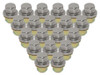 Direct Replacement RRD500560X Alloy Wheel Nut Set of 20 for Defender & Discovery 1, image of 20 silver alloy wheel nuts arranged in a triangle formation. Direct Replacement RRD500560X Alloy Wheel Nut Set of 20 for Defender & Discovery 1, image of 20 silver alloy wheel nuts arranged in a triangle formation.