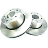 Direct Replacement Front Brake Discs x2 for Discovery 2, pair of shiny silver car brake discs with ventilated design for improved cooling.