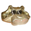 Direct Replacement Front Brake Calipers Pair for Solid Discs, close-up of gold-coloured brake calipers for Defender vehicles with dual pistons.