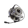 Product: Rear Wheel Bearing Hub with ABS Sensor for Discovery 2, image of a metallic wheel hub assembly with five black lug studs, sensor wire, and a nut on a white background.