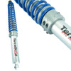 Terrafirma Return to Centre Steering Damper for Defender, close-up of the silver shock absorber with blue coil spring.
