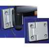 Britpart Aluminium Front Door Hinge Kit for Defender, close-up of the silver hinge plate with four screw holes, installed on a vehicle's door, replacing old hinges.