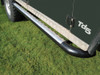Britpart Tomb Raider Style Side Steps for Defender 110, black and metal side step bars attached to vehicle with metal plate and secured with bolts.