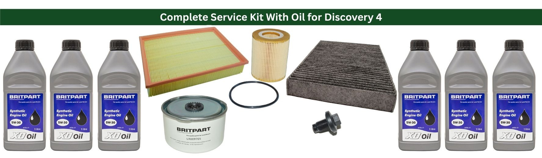 Complete Service Kit With Oil for Discovery 4. The kit includes multiple bottles of 5W-30 synthetic engine oil (Britpart XD Oil), an air filter, an oil filter, a cabin filter, a fuel filter, an O-ring seal, and a drain plug, all arranged on a white backgr