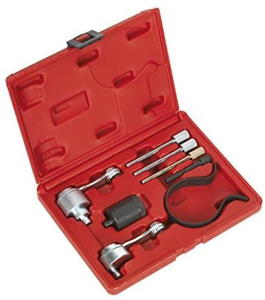 Sealey Tools Timing Locking Kit for Discovery 3, 4 Range Rover Sport 2.7TDV6, 3.0TDV6, in a red plastic case with various locking tools and accessories for engine timing maintenance.