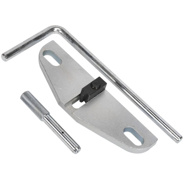 Sealey Tools Diesel Engine Locking Kit SEALEY, locking tool kit for Land Rover Freelander 2.2 TD4 engine with metal L-shaped and flat plates and lifting pins.