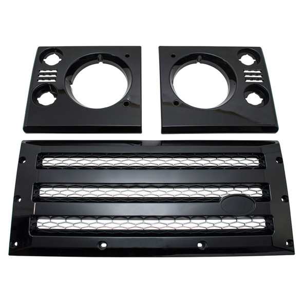 Britpart XS Grille & Headlamp Surround Gloss Black With Silver Mesh for Defender, black set of grille and headlamp surround components with silver mesh and installation screws.