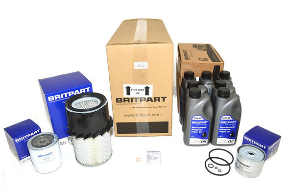Britpart Engine Service Filter Kit With 10W40 Engine Oil for Defender 2.5 Diesel 1983-1990, includes oil filters, air filter, and oil bottles in packaging.