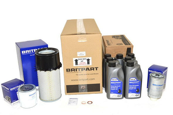 Britpart Engine Service Filter Kit With 10W40 Engine Oil for Defender 200Tdi 1990-1994, complete set of oil filters, engine oil bottles, and related parts on a white background.