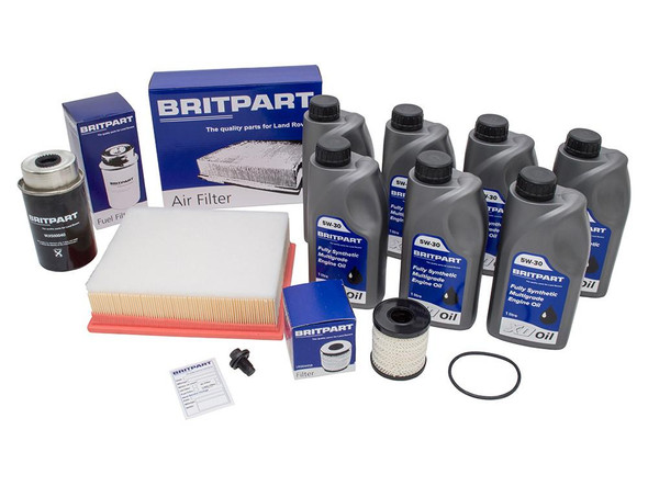 Britpart Engine Service Filter Kit With 5W30 Engine Oil, auto parts for Defender 2.2/2.4 TDCi Puma, includes oil bottles, air filter, fuel filter, and gasket for vehicle maintenance.