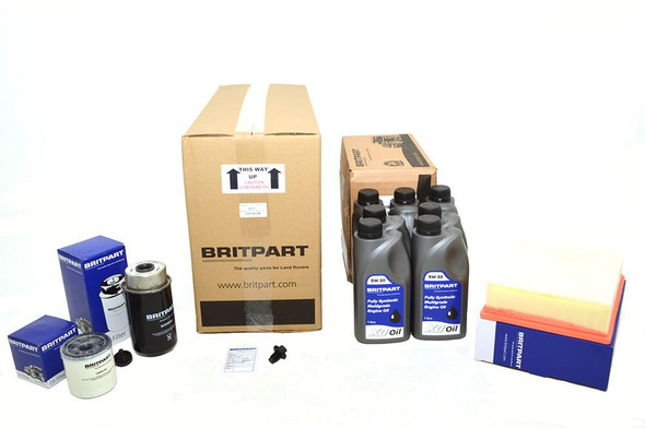 Britpart Engine Service Filter Kit With 5W30 Engine Oil for Defender 2.2 TDCi Puma 2012-2016, image showing a collection of engine filters, oil bottles, and replacement parts in packaging.
