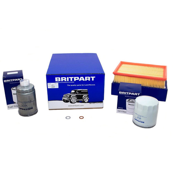 Britpart Engine Service Filter Kit With 10W40 Engine Oil for Range Rover Classic 300Tdi 1994-1995, image of oil filters, engine oil bottles, and filter elements arranged on a white background.