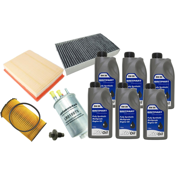 Britpart Diesel Engine Service Kit with Oil, DA6035COM, for Range Rover Sport L320 2.7 TdV6, including filters, synthetic engine oil, and other parts.