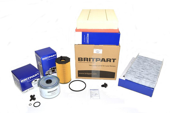 Britpart Engine Service Filter Kit With Engine Oil for Range Rover Sport 2.7 TDV6, includes air filter, oil filter, fuel filter, and related parts in packaging.
