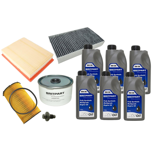 Britpart Engine Service Filter Kit With Engine Oil, includes air filter, cabin filter, oil filter, oil, and a drain plug for Range Rover Sport 2.7 TDV6. Britpart Engine Service Filter Kit With Engine Oil, includes air filter, cabin filter, oil filter, oil, and a drain plug for Range Rover Sport 2.7 TDV6.