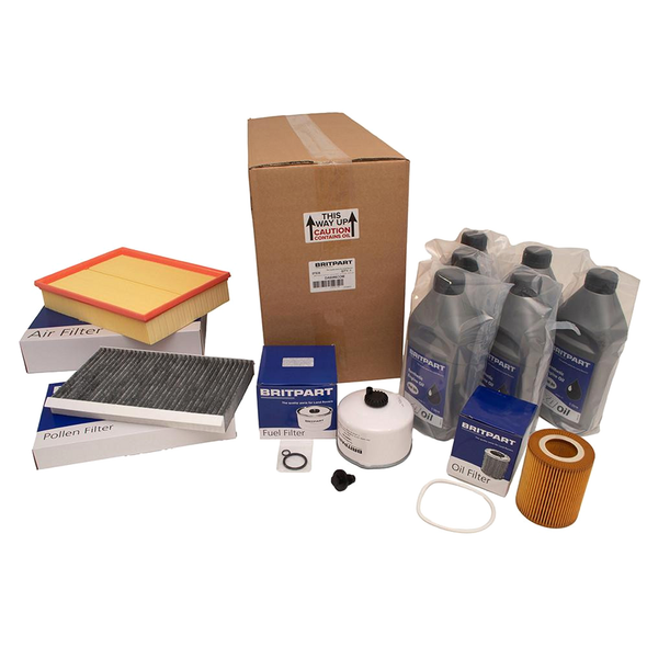 Britpart Engine Service Kit with Oil for Range Rover Sport L320 3.0 V6 Diesel, including filters, oil bottles, and other engine maintenance parts. Britpart Engine Service Kit with Oil for Range Rover Sport L320 3.0 V6 Diesel, including filters, oil bottles, and other engine maintenance parts.