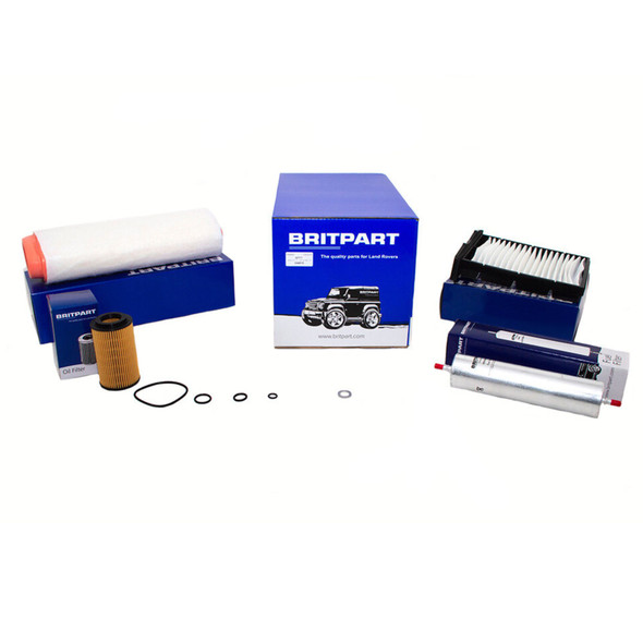 Britpart Service Kit with Engine Oil for Freelander 1 with 2.0 Td4 Engine, image showing various components of the service kit including oil filters, engine oil bottles, and other service parts.