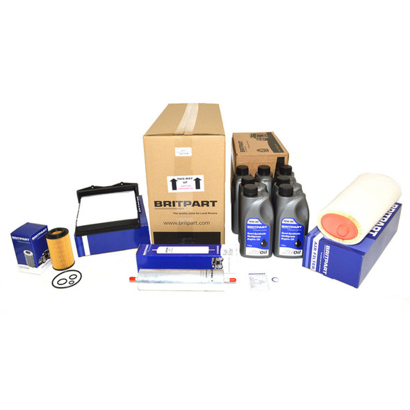 Britpart Service Kit with Engine Oil for Freelander 1 with 2.0 Td4 Engine, image showing various components of the service kit including oil filters, engine oil bottles, and other service parts.