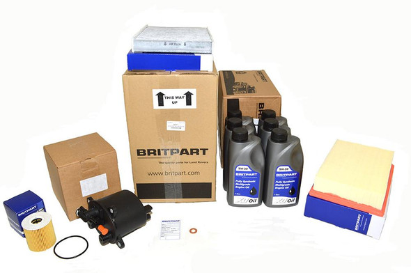 Britpart Diesel Engine Service Kit with 5W30 Oil for Freelander 2.2 Td4, featuring engine oil bottles, air filter, oil filter, and various service components arranged on a white background.