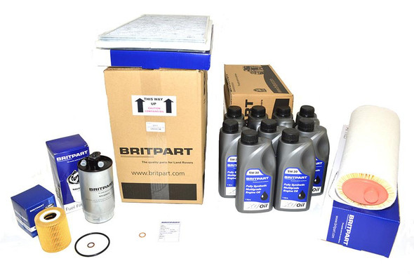 Britpart Engine Service Filter Kit With 5W30 Engine Oil for Range Rover L322 3.0 diesel, including filters, oil bottles, and other parts for vehicle maintenance.
