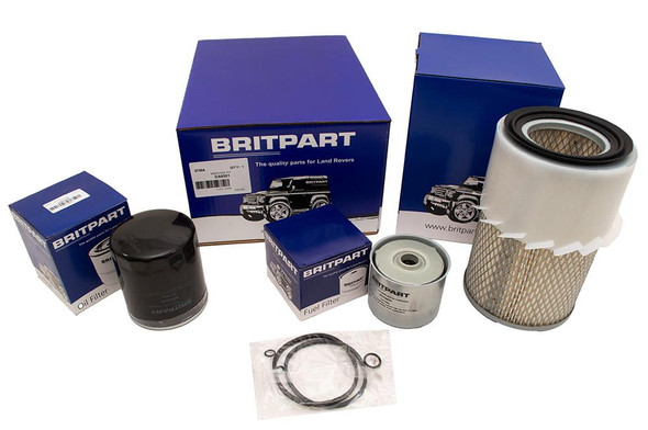 Britpart Engine Service Filter Kit for Defender 2.5 Diesel 1983-1990, image of various engine filters and parts with blue packaging.