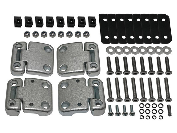 Britpart Front Door Hinge Kit with Stainless Steel Fixings - DA1070SS for Defender, includes door hinges, black hinge plates, stainless steel screws, nuts, washers, and fitting components