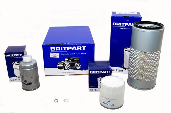 Britpart Engine Service Filter Kit for Defender 300Tdi 1995-1998, image of air, oil, and fuel filters along with packaging boxes.